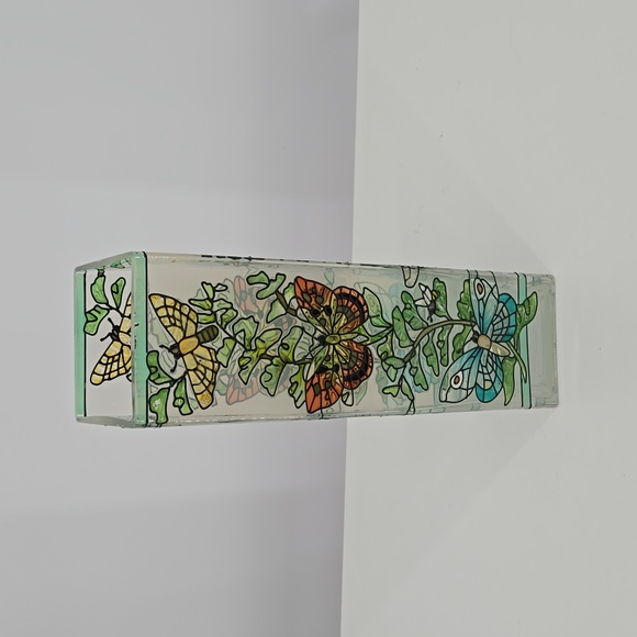 Joan Baker Designs Handpainted Glass Art Vase Green Butterfly Insect Details - Picture 4 of 14